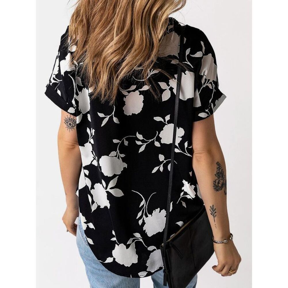 Everyday the Label Full Size Printed Notched Short Sleeve Blouse Women Black - Picture 2 of 5